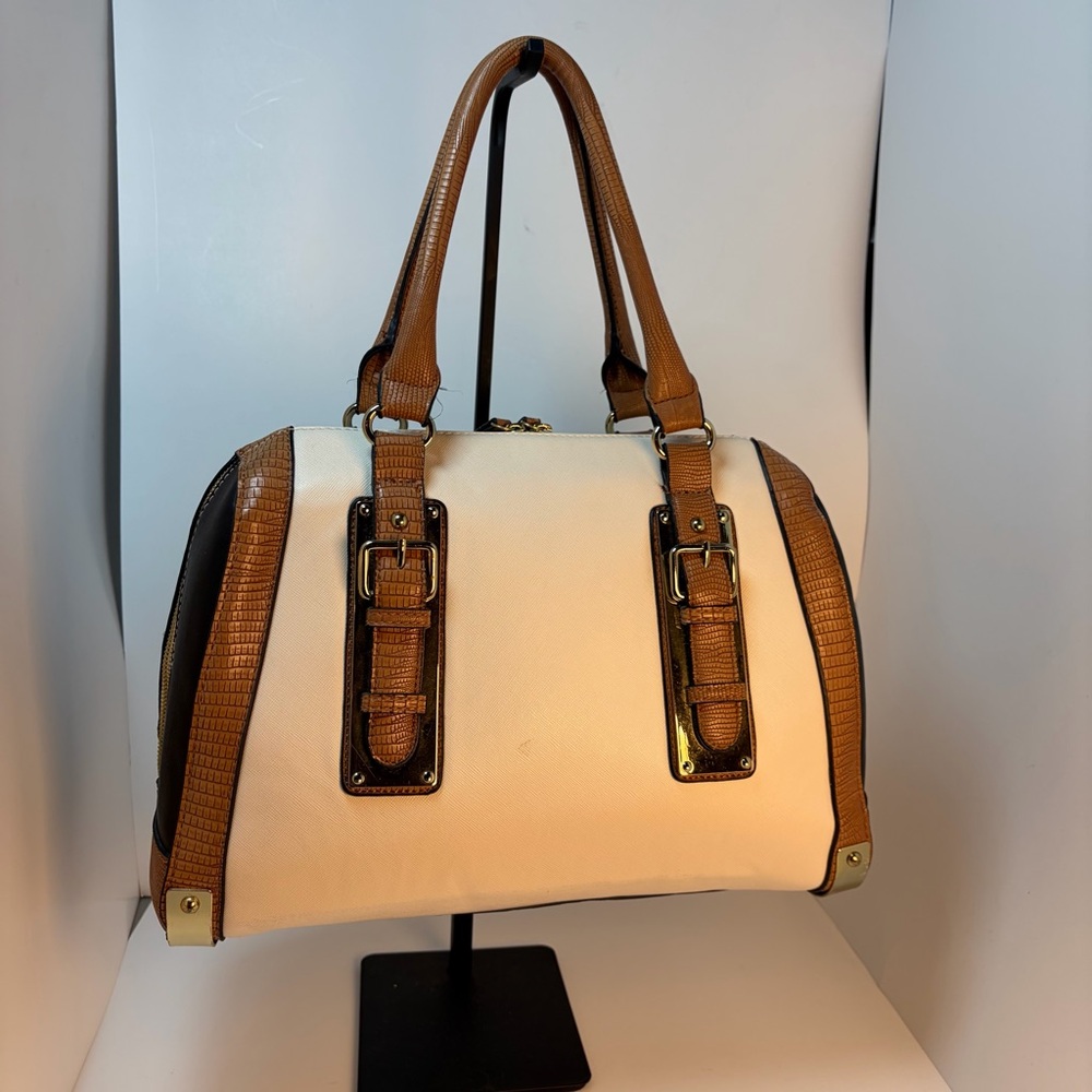 ALDO Cream & Tan Structured Satchel Handbag Faux Leather Work Purse - Picture 1 of 9